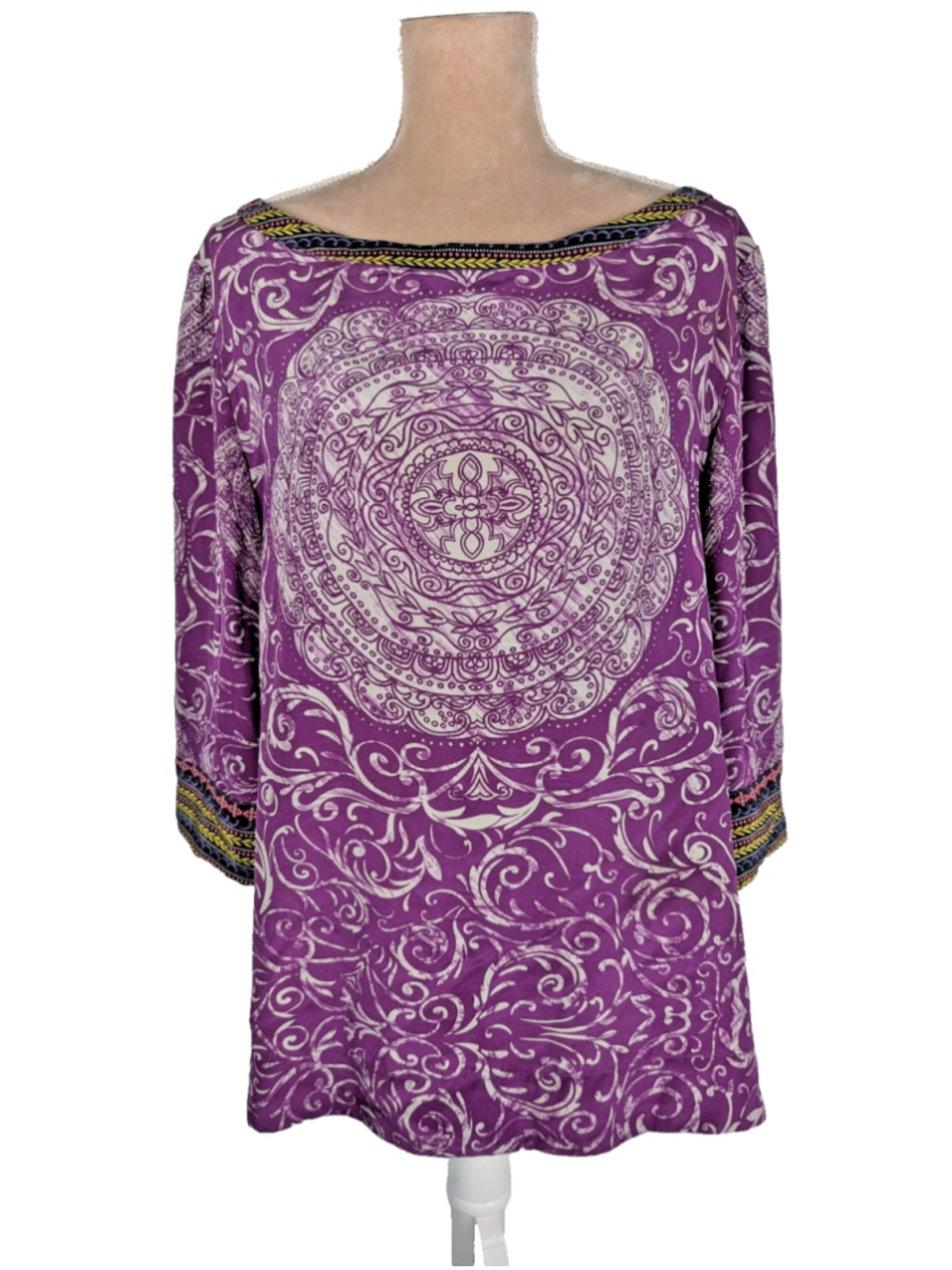 Soft Surroundings Purple Silk Tunic Top Sz XL Bohemian Peasant Scarf Print